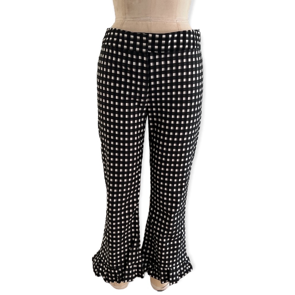 Lela Rose Checkered Cropped Pants w/ Ruffle Bottom
